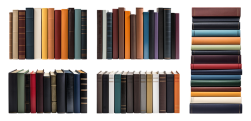 Stack of old standing hardcover books isolated on transparent background