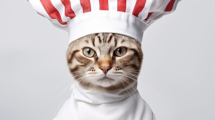 Cute serious gray striped cat in white-red striped chef's hat on gray background. Cat in the form of cook. Copy space. Close-up.