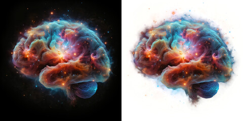 A cosmic brain glowing with nebula patterns, representing vast thought. - obrazy, fototapety, plakaty