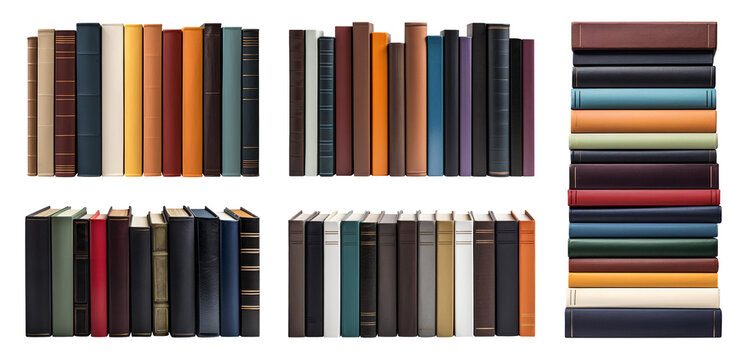 Stack of old standing hardcover books isolated on transparent background