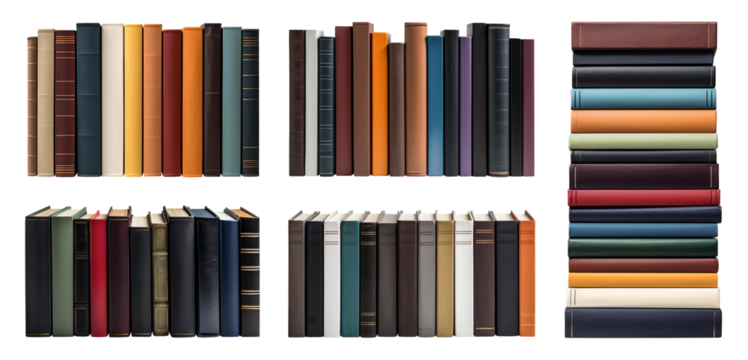 Stack of old standing hardcover books isolated on transparent background