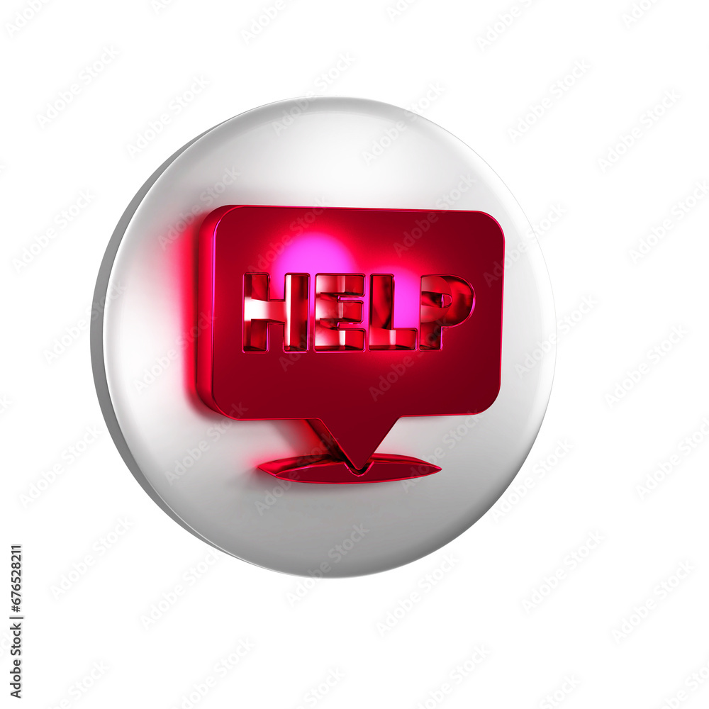 Poster red speech bubble with text help icon isolated on transparent background. silver circle button.