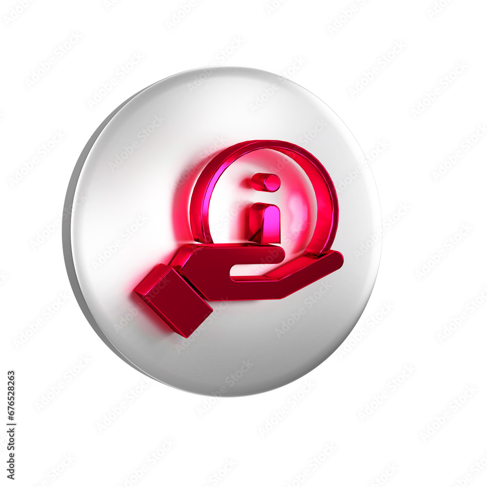 Poster red information icon isolated on transparent background. silver circle button.