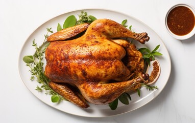 A Mouthwatering Roasted Turkey With Fragrant Herbs on a Plate