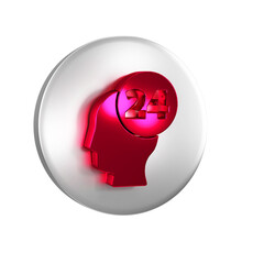 Red Support operator in touch icon isolated on transparent background. Concept for call center, client support service. Silver circle button.