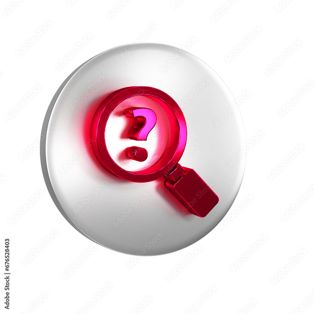 Poster red unknown search icon isolated on transparent background. magnifying glass and question mark. silv