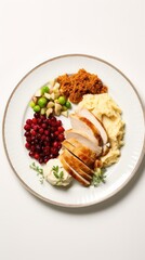 A Thanksgiving dinner plate, featuring all the traditional favorites - turkey, stuffing, mashed potatoes, and cranberry sauce on a white background, in a flat lay, overhead shot with copy space