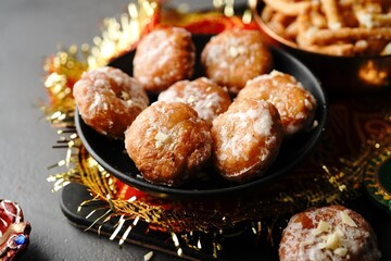 Homemade Balushahi or Badusha - tradition Indian Diwali sweets, selective focus
