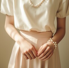 a woman holding a pearl necklace