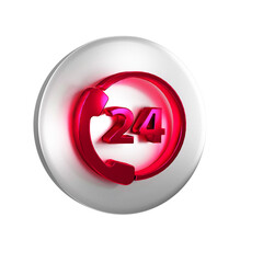 Red Telephone 24 hours support icon isolated on transparent background. All-day customer support call-center. Full time call services. Silver circle button.