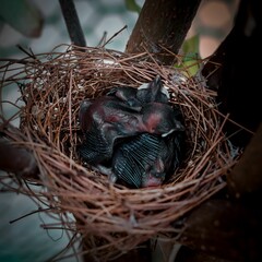 Close up of a nest with newborn American Robins (Turdus migratorius) in it