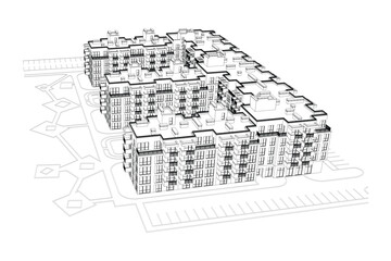 Vector architectural project of a multistory building, aerial view