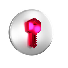 Red House key icon isolated on transparent background. Silver circle button.