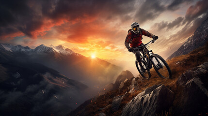 Man on mountain bike against sundown sky, mountainous area.