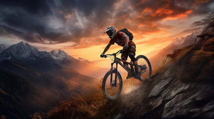 Man on mountain bike against sundown sky on a mountainous area