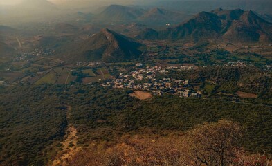 Village around Mountains Aravalli Range, Udaipur taken from Sajjangarh monsoon palace