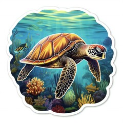 a sticker design that showcases the serene underwater world and turtle