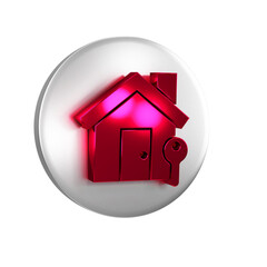 Red House with key icon isolated on transparent background. The concept of the house turnkey. Silver circle button.
