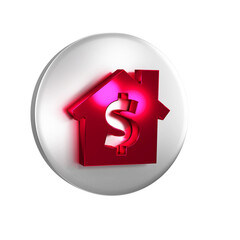 Red House with dollar symbol icon isolated on transparent background. Home and money. Real estate concept. Silver circle button.