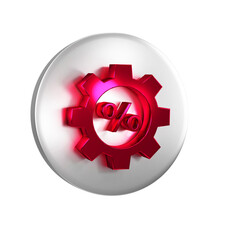 Red Gear with percent icon isolated on transparent background. Silver circle button.