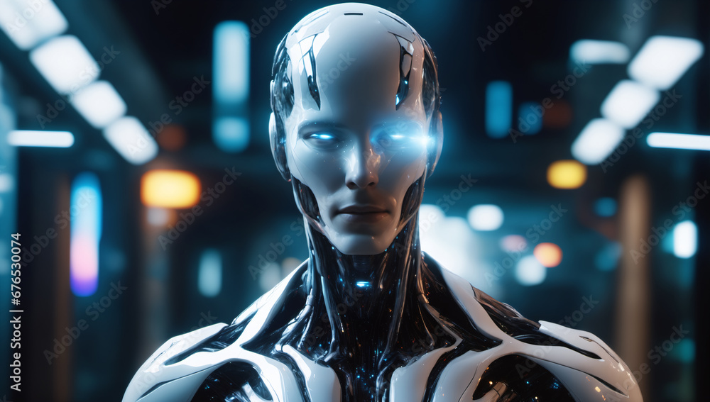 Poster reflective ai bot face capturing the essence of modern technology; perfect for digital articles.