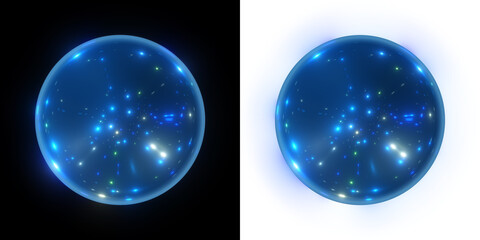 Luminous blue sphere with tiny star-like specks on a black and transparent alpha backdrop. 3D render - obrazy, fototapety, plakaty