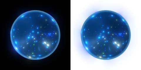 Fotobehang Luminous blue sphere with tiny star-like specks on a black and transparent alpha backdrop. 3D render © Quardia Inc.