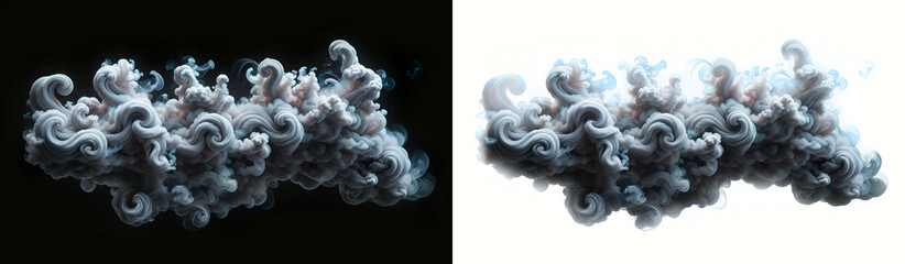 Isolated swirling gray smoke cloud, tendrils curving and intertwining, offering a striking and captivating visual against a deep black and transparent background.
