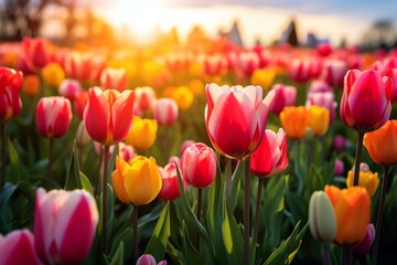 Vibrant tulips in bloom, a lively spring scenery. Generative AI - obrazy, fototapety, plakaty