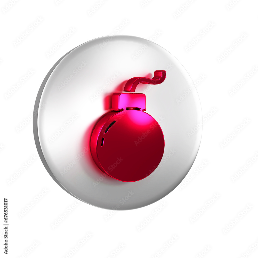 Poster red bomb ready to explode icon isolated on transparent background. silver circle button.