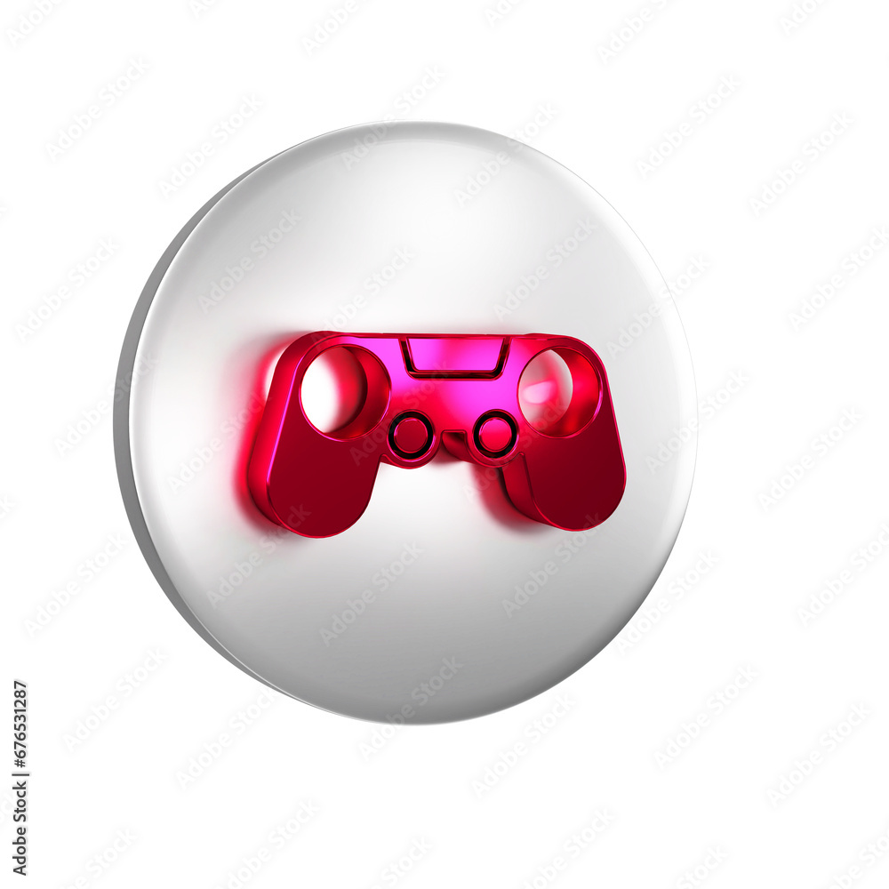 Poster red gamepad icon isolated on transparent background. game controller. silver circle button.