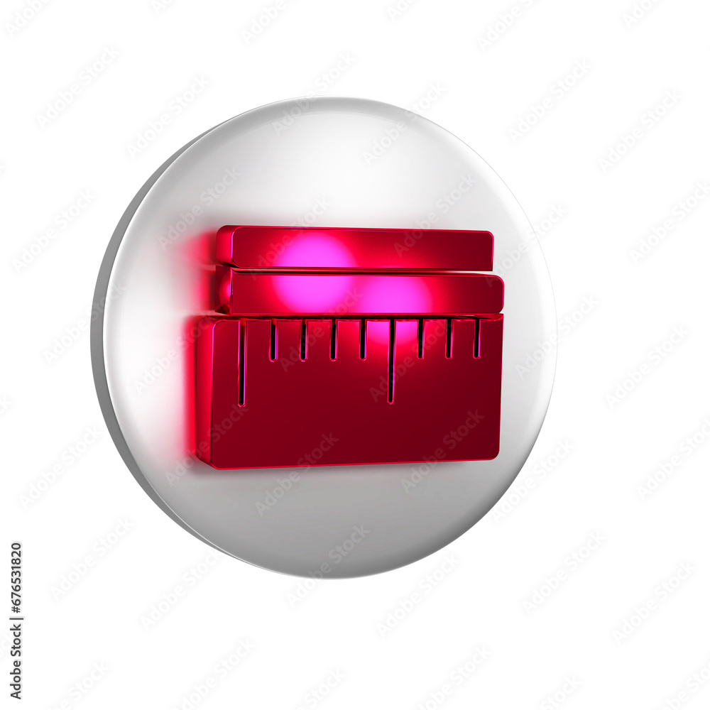 Poster red tape measure icon isolated on transparent background. measuring tape. silver circle button.