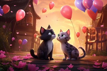 Two cartoon cats (couple) that are falling in love, with pink and purple balloons in the background: Valentine's Day