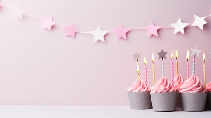 birthday holiday background, cakes with candles and copy space