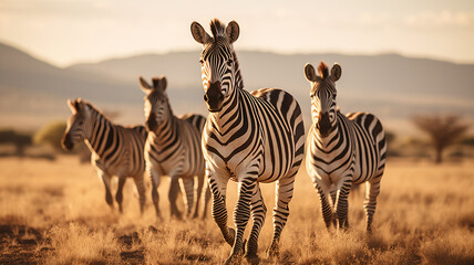 A zebra family on the move across the vast plains, AI Generative.