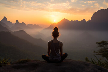 Woman meditating during sunrise in front of a mountain range