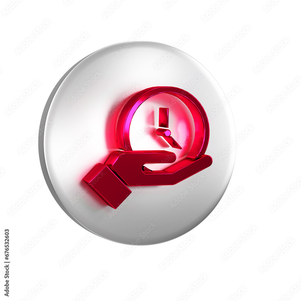 Poster red clock icon isolated on transparent background. time symbol. silver circle button.
