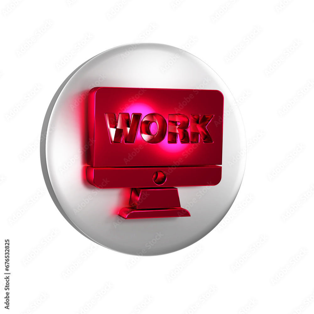Poster red computer monitor with text work icon isolated on transparent background. silver circle button.