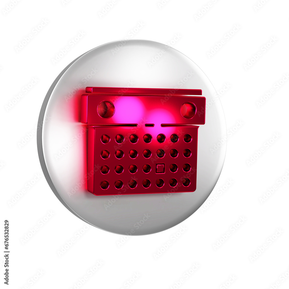 Poster red calendar icon isolated on transparent background. event reminder symbol. silver circle button.