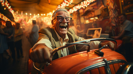 Elderly man driving a toy car at the park. - obrazy, fototapety, plakaty