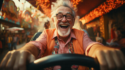 Elderly man driving a toy car at the park. - obrazy, fototapety, plakaty