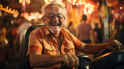 Obraz premium Elderly man driving a toy car at the park.