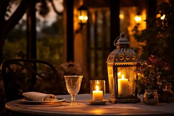 Fototapeta na wymiar Outdoor table with romantic lit candles and lantern creating warm ambiance. Generative AI