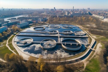 Aerial view of Bortnytsia wastewater treatment plant in Kyiv, Ukraine. Generative AI