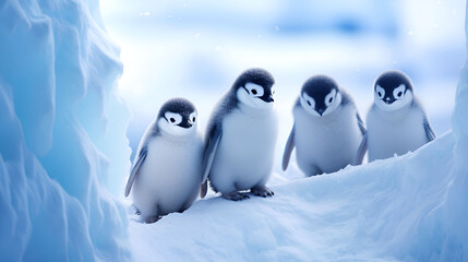 Four little penguin chicks in the snow.
