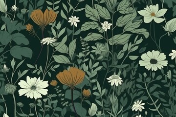Vintage geometric floral pattern with wildflowers in green, perfect for vintage decor and cottagecore fashion. Generative AI