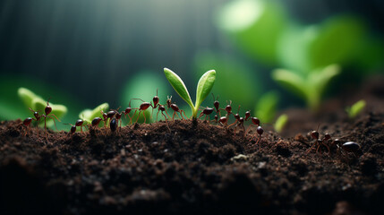 a very zoomed out picture of a lot of ants carrying a small green leaf created with Generative Ai