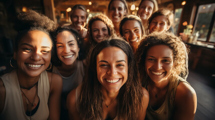 Group of happy people taking a selfie together in a yoga studio. Yoga studio with a lot of light.
