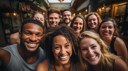 Group of happy people taking a selfie together in a yoga studio. Yoga studio with a lot of light.