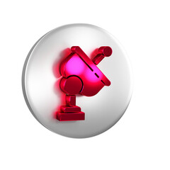 Red Radar icon isolated on transparent background. Search system. Satellite sign. Silver circle button.